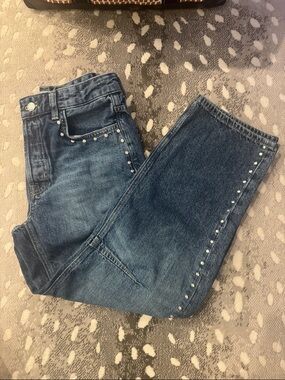 Women’s Blue Pearl-Embellished Barrel Jeans